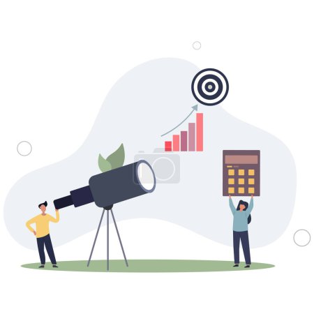 Illustration for Cartoon tiny people search marketing information, analyze algorithms and statistic data with telescope.flat vector illustration. - Royalty Free Image