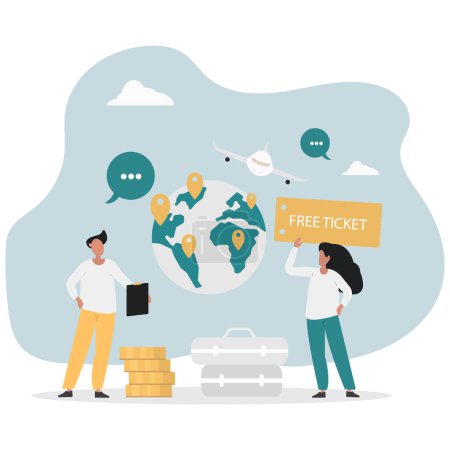 Illustration for Travel agency marketing. Man and woman with free ticket stand in front of globe with marks. Journet and tourism.flat vector illustration. - Royalty Free Image