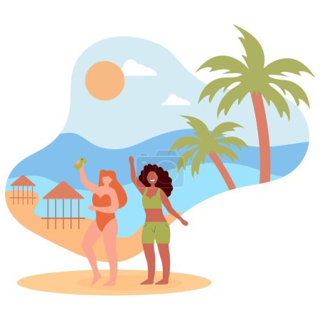 Illustration for Girls taking selfie. Women on beach in swimsuits with smartphone.Travel and adventure, tourism and holidays in exotic and tropical countries.flat vector illustration. - Royalty Free Image