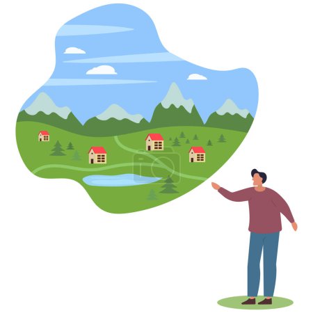 Illustration for Summer panorama concept. Rural and beautiful natural landscape..houses on green meadow against backdrop of mountain. Lovely small town.flat vector illustration. - Royalty Free Image
