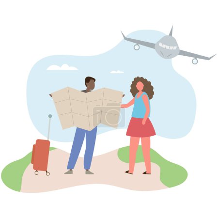 Illustration for Tourists study the map of the area. air travel and vacation concept.flat vector illustration. - Royalty Free Image
