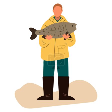 Téléchargez les illustrations : Pêcheur détient poisson capturé.illustration vectorielle plate. - en licence libre de droit