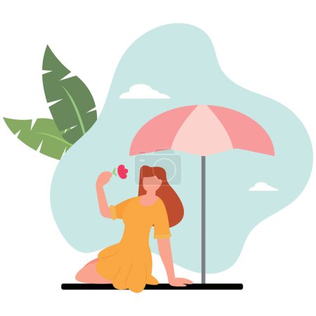 Ilustración de Mujer en concepto de vacaciones. Chica joven en vestido amarillo huele a flor contra el fondo del paraguas. Viaje y aventura, tourism.flat vector ilustración. - Imagen libre de derechos