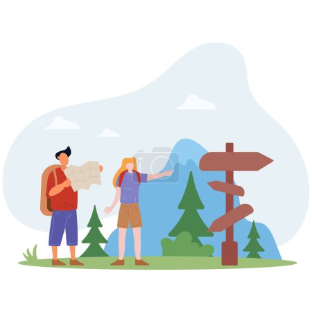 Illustration for Tourists looking location. Man and woman with map near road. Travel, trip and adventure, active lifestyle. Hiking and camping in forest.flat vector illustration. - Royalty Free Image
