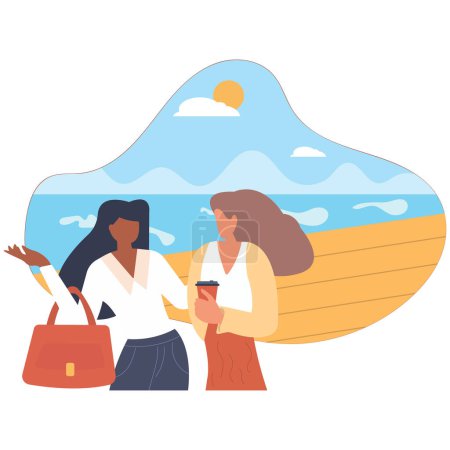 Ilustración de Las mujeres caminan sobre el mar. Las chicas jóvenes caminan por la playa con café y bebidas en sus manos. Turismo y descanso, hobby y ocio. Ilustración vectorial plana. - Imagen libre de derechos