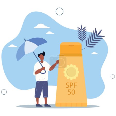 Téléchargez les illustrations : Concept de chaleur d'été. L'homme se tient sous le parapluie à côté de la grande crème solaire. Protection contre la lumière directe du soleil, les UV et les soins pour la peau et la santé.. illustration vectorielle plate. - en licence libre de droit