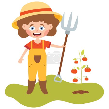 Illustration for Farm Scene With Cartoon Kid.flat vector illustration.harvest.cheerful cartoon character. - Royalty Free Image