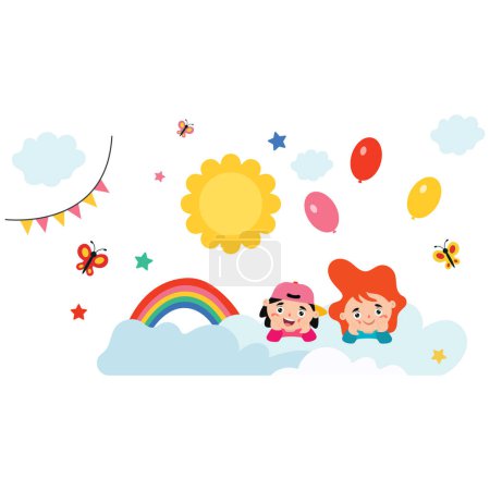 Téléchargez les illustrations : Happy Children On Sky Background.flat illustration vectorielle. - en licence libre de droit