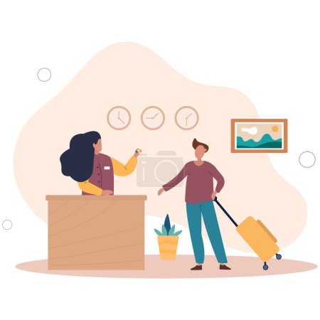 Illustration for Hotel check in. Man with luggage next to girl at key counter. reception and employee receives client. Booking and travel, tourist.flat vector illustration. - Royalty Free Image