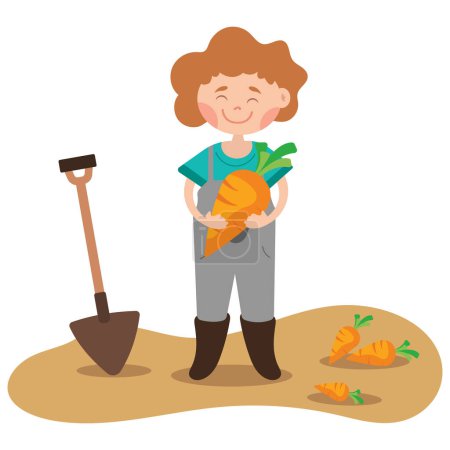 Illustration for Farm Scene With Cartoon Kid.flat vector illustration.harvesting concept of healthy vegetables - Royalty Free Image