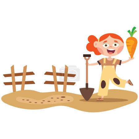 Illustration for Farm Scene With Cartoon Kid.flat vector illustration.cheerful girl holding carrot. - Royalty Free Image