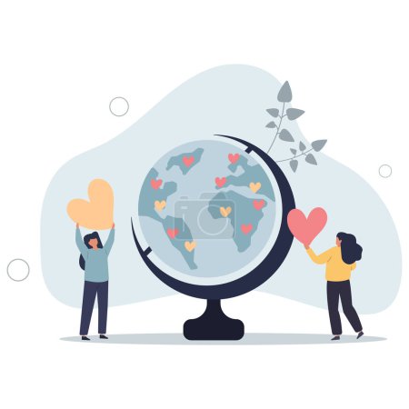 Illustration for Cartoon tiny people donate love and hearts to world on globe of Earth.flat vector illustration. - Royalty Free Image