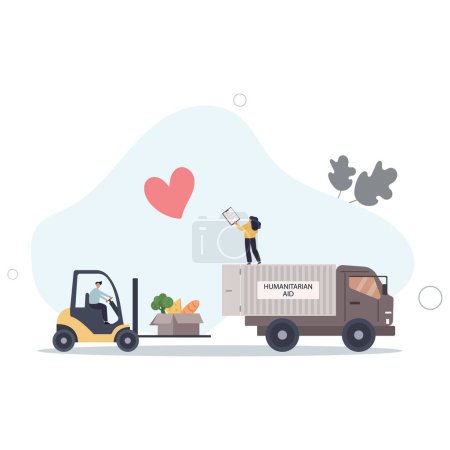 Ilustración de Dibujos animados personas minúsculas cargando cajas de ayuda humanitaria con carretilla elevadora en truck.flat vector ilustración - Imagen libre de derechos