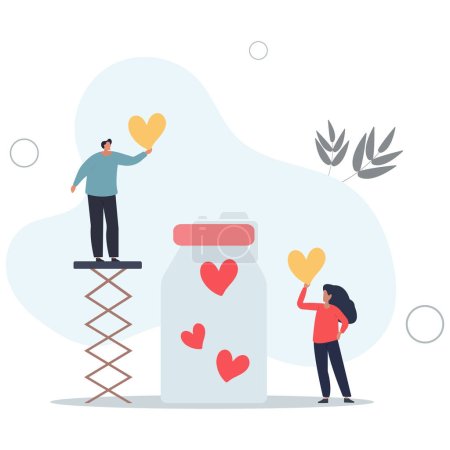 Illustration for Cartoon tiny people holding hearts to throw into donation glass jar .flat vector illustration - Royalty Free Image