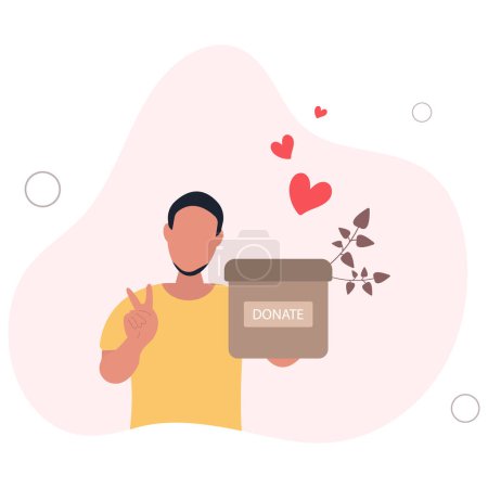 Illustration for Volunteer holding donation box to donate hearts Charity campaign concept.flat vector illustration - Royalty Free Image