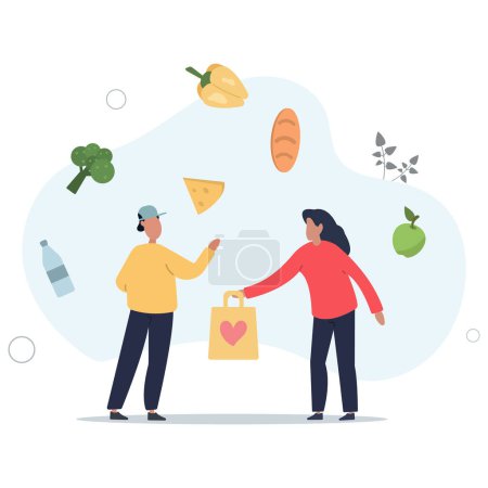 Illustration for Volunteer giving paper bag with food to woman. Charity support.flat vector illustration - Royalty Free Image