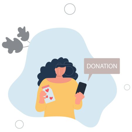 Ilustración de Mujer sosteniendo tarro de caridad con corazones y teléfono móvil con la aplicación de donación concept.flat vector ilustración - Imagen libre de derechos