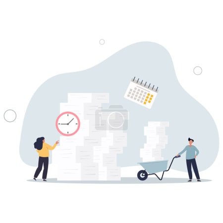 Illustration for Wheelbarrow full of paper documents, sorting unorganized stacks and heap.business and time management concept.flat vector illustration - Royalty Free Image