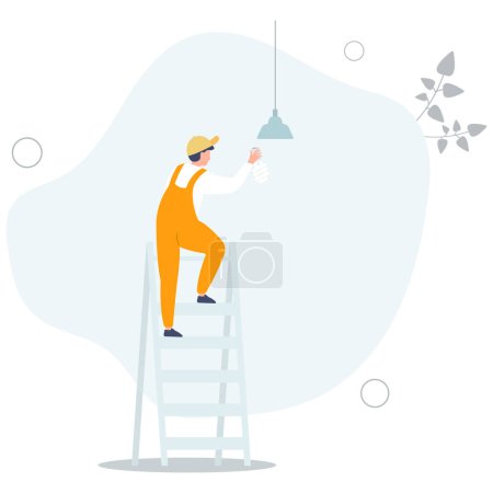 Illustration for Home repair service.electrician changing alight bulb to economical one.flat vector illustration - Royalty Free Image