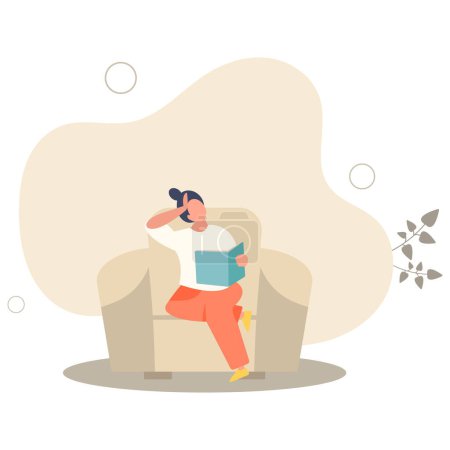 Ilustración de Chica personaje pasa tiempo en casa.ama de casa leer un libro mientras está sentado en una ilustración vector chair .flat - Imagen libre de derechos