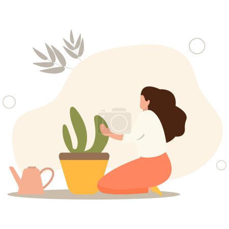 Illustration for Girl character spends time at home.housewife caring for a potted plant.flat vector illustration - Royalty Free Image