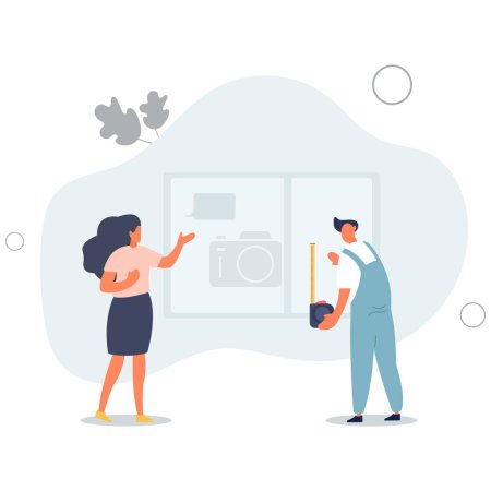Illustration for Installation or replacement of plastic windows, customer service.worker makes window measurement.flat vector illustration - Royalty Free Image