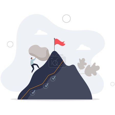 Illustration for Hard work and successful effort determination process .Achievement motivation as businessman pushing rock on mountain . - Royalty Free Image