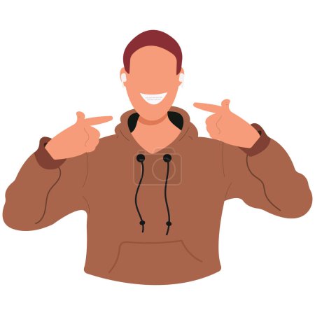Illustration for Smiling face of guy with braces proud of their journey to straighter teeth and self-confidence.flat vector illustration - Royalty Free Image
