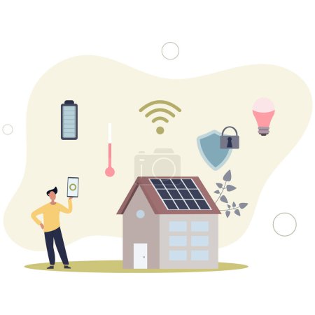 Illustration for Smart home, IOT administration.people control and lock access to lights and electricity, solar panel.flat vector illustration - Royalty Free Image