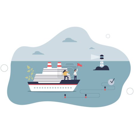 Illustration for Project management journey and clear business roadmap .Company leader effort as ship captain with future vision, checked milestones and target with objectives .flat vector illustration - Royalty Free Image