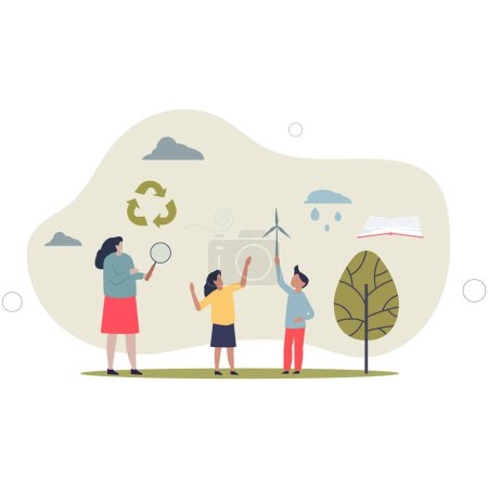 Illustration for Education for sustainability as teaching ecology for kids.Environment, climate and nature protection learning in school for future with responsible community. - Royalty Free Image