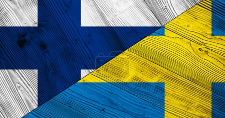 Téléchargez les photos : Fond avec drapeau du Portugal et de la Suède sur planche fendue en bois. Illustration 3d - en image libre de droit