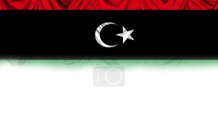 Téléchargez les photos : Fond blanc avec drapeau de Libye sur draperie dégradée. Illustration 3d - en image libre de droit