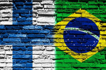 Téléchargez les photos : Arrière-plan avec drapeau de Finlande et du Brésil sur un mur de briques - en image libre de droit
