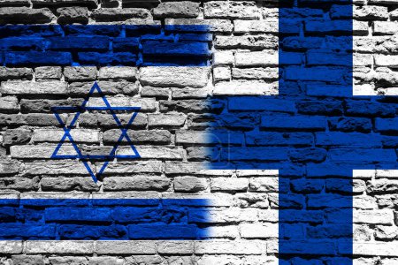 Foto de Fondo con bandera de Israel y Finlandia en muro de ladrillo - Imagen libre de derechos