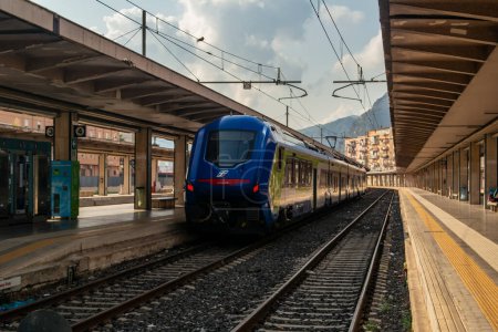 Photo for View between the tracks with train of Palermo station. June 2, 2023 Palermo, Sicily, Italy - Royalty Free Image