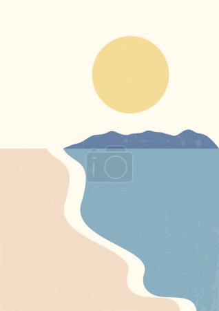Sandstrand und Berge Landschaft Illustration Plakat. Mitte des Jahrhunderts moderne Vektorillustration.Trendy zeitgenössisches Design.Wandkunst Dekor.