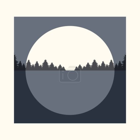 Illustration for Wild landscape with forest and moon in night poster. Full moon and lake design. Boho wall decor. Mid century modern minimalist art print - Royalty Free Image