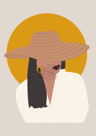 Ilustración de Retrato de una hermosa joven en el póster del sombrero. Decoración de pared con la señora de la moda y el sol. Cartel artístico contemporáneo - Imagen libre de derechos