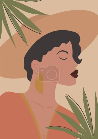 Ilustración de Retrato de una hermosa joven en el póster del sombrero. Ilustración mínima de dama con hojas tropicales. Decoración de la pared con señora de la moda, cartel artístico contemporáneo - Imagen libre de derechos