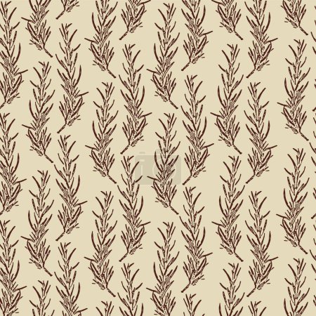 Illustration for Herbal seamless pattern with rosemary on beige background. Kitchen fragrant herb. Elegant vector illustration in vintage style for wrapping paper, fabric print, wallpaper - Royalty Free Image