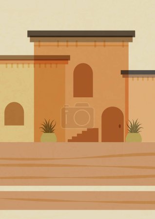 Téléchargez les illustrations : Architecture du Maroc, petite illustration d'affiche de village. Art esthétique moderne des bâtiments méditerranéens. Design artistique de style Boho pour la décoration murale - en licence libre de droit