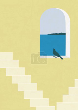 Illustration for Aesthetic illustration poster with view on the Santorini. Architecture elements - staircase and window interior. Bohemian style artistic design for home decor - Royalty Free Image