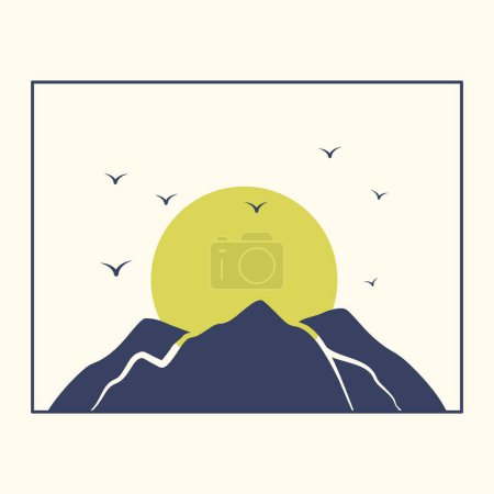 Illustration for Aesthetic minimalist morning mountain landscape poster. Modern linear postcard with sun moon mountains, blue wall decor. Vector art print - Royalty Free Image