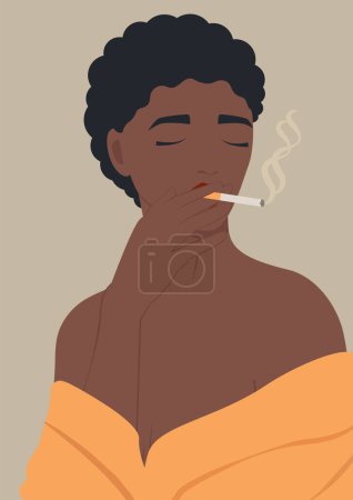 Ilustración de Ilustración estética de una joven afro fumando un cigarrillo. Cartel de arte contemporáneo con dama en vestido rojo. Estilo retro rizado señora negro. - Imagen libre de derechos