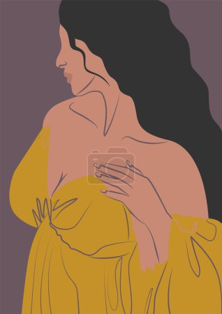 Ilustración de Mujer hispana en un afiche de ilustración estética vestido largo. Arte minimalista de verano de mujer joven. Decoración de la pared con señora de la moda, cartel artístico contemporáneo - Imagen libre de derechos