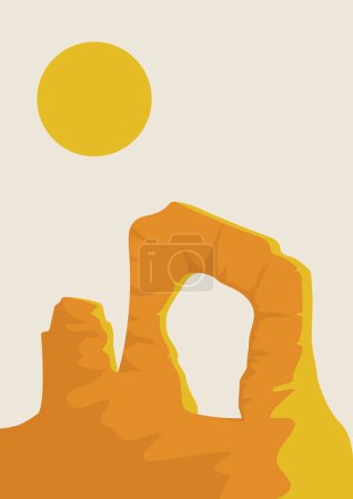 Téléchargez les illustrations : American desert arch morning poster d'illustration de paysage. Décoration murale vectorielle Boho. Couleurs rouge et jaune dans Monument Valley, Arizona. Panorama australien minimaliste. - en licence libre de droit