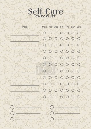 Illustration for Creative beige self-care planner template. Abstract background blank printable goal setting sheet. Time management sample. Mystery and esoteric hand elements - Royalty Free Image