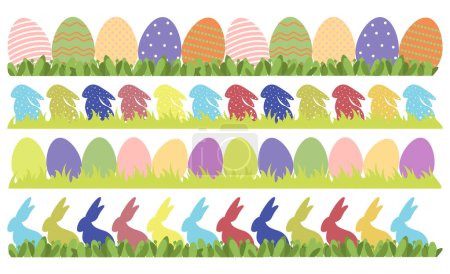 Easter border frames with rabbits and eggs. Banner set with decorated eggs and bunnies on white background. Vector illustration with place for text.