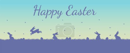 Ein frohes Osterfest. Buntes Gefälle Ostern horizontal Hintergrund mit Hasen und Eiern Rasen. Moderne Osterjagd im Minimalstil. Horizontales Plakat, Grußkarte, Header für Webseite